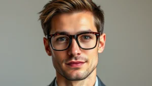 Professional male model wearing classic tortoiseshell wayfarer-style glasses with neutral background, natural lighting highlighting frame details and facial features, confident expression