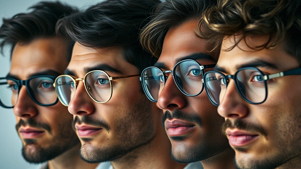 Close-up of diverse male faces wearing different frame styles side-by-side, including clubmaster, round, cat-eye, and minimalist metal frames, showing variety of colors and materials, professional studio lighting