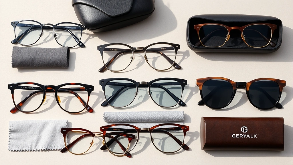 Flat lay arrangement of multiple men's eyewear styles in different colors and materials, including acetate, metal, and wooden frames, with microfiber cleaning cloths and protective cases, natural daylight