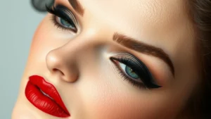Close-up of a woman's face with authentic 1920s makeup featuring dramatic kohl-lined eyes, thin arched eyebrows, and bright red cupid's bow lips against pale powder foundation, soft studio lighting
