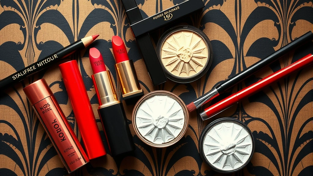 Vintage-style flat lay of 1920s makeup products including kohl pencils, red lipstick tubes, loose face powder, and eyebrow pencils arranged on a classic Art Deco patterned surface