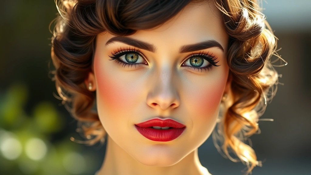 Portrait of a woman wearing full 1920s flapper makeup with finger waves in her hair, demonstrating the complete look with defined eyes, bold lips, rosy cheeks, and matte complexion in natural daylight