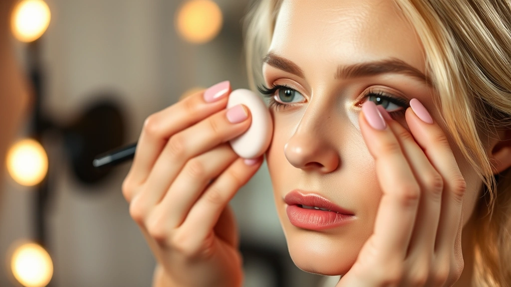 Professional makeup artist carefully applying concealer with a damp beauty sponge to the under-eye area, demonstrating stippling technique, warm studio lighting