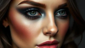 Close-up of a person with dramatic smoky eyeshadow in blacks and grays, sharp winged eyeliner, and defined cheekbones, photographed with professional studio lighting showing texture and blending