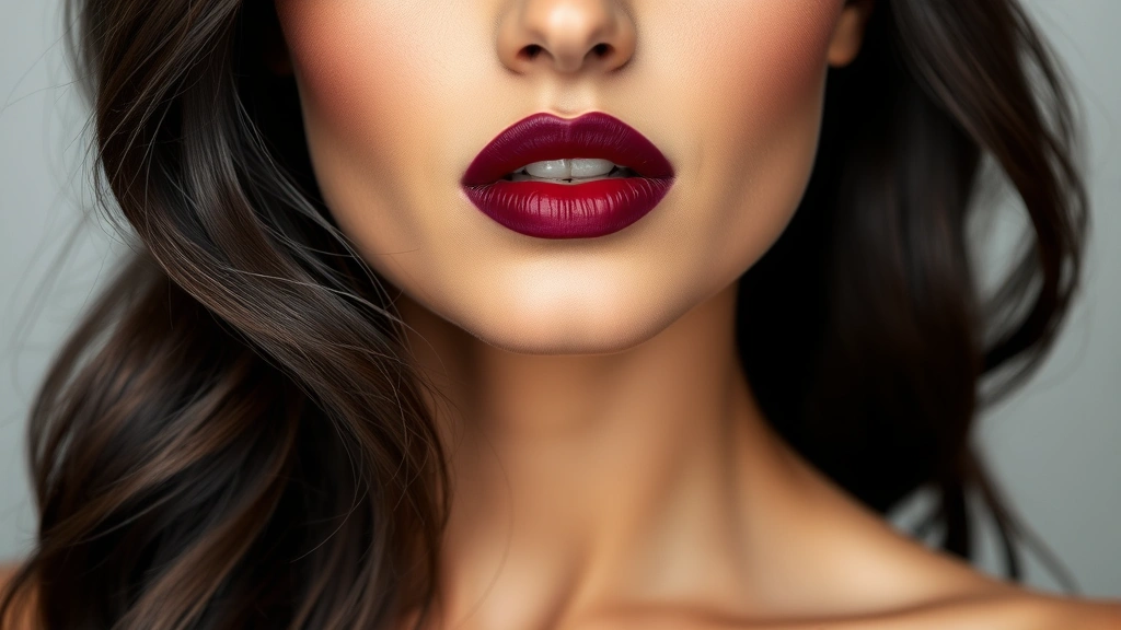 Beauty shot featuring bold burgundy or deep berry lipstick on perfectly prepped lips, with sharp contouring visible on cheekbones and jawline, editorial style photography