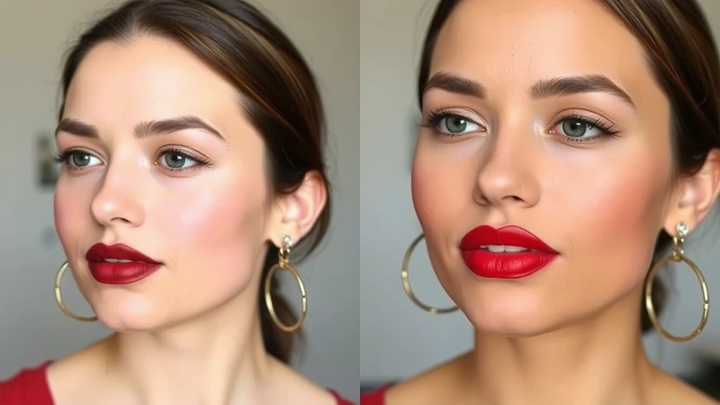 Before and after comparison of red lipstick application technique, showing lip liner preparation, color application in sections, and final blotted result on diverse skin tones