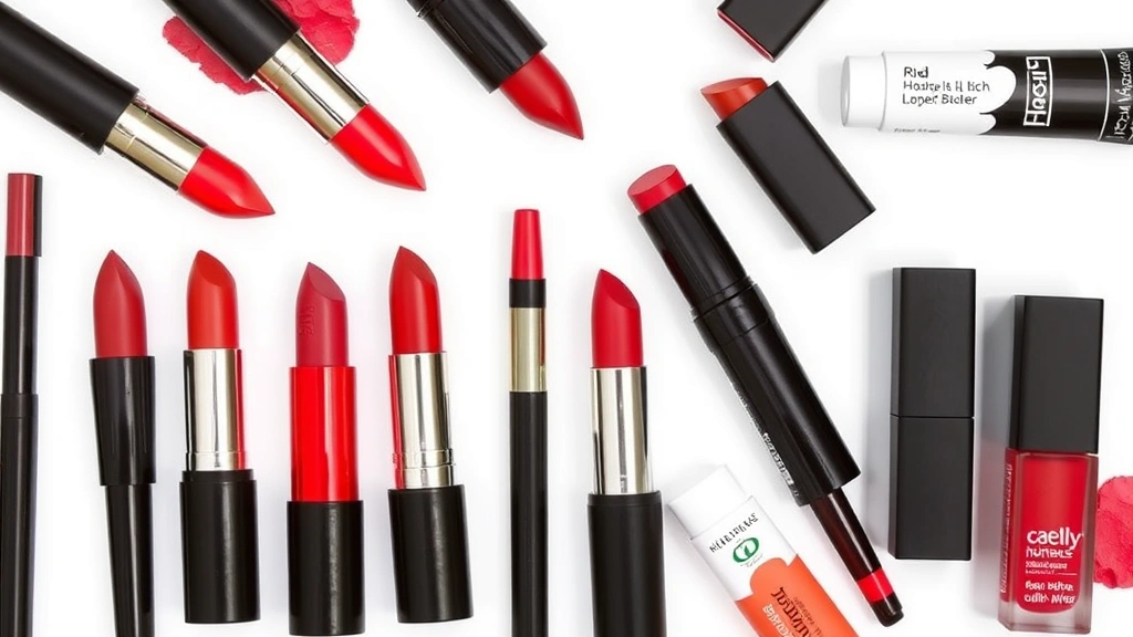 Flat lay arrangement of five different red lipstick shades in various finishes—matte, satin, glossy, and long-wear—displayed with matching lip liners and hydrating lip balm products