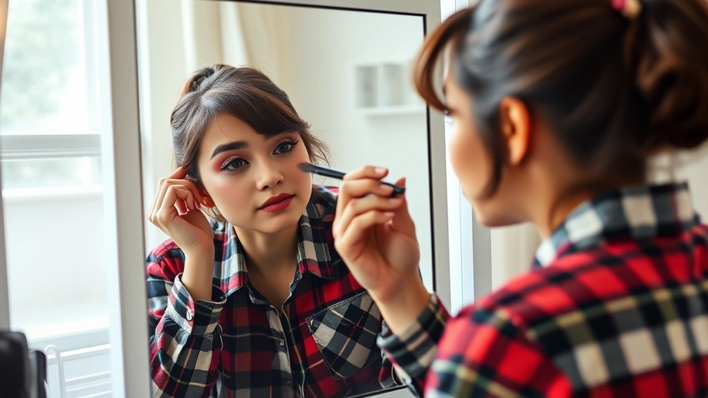 Young woman applying frosted eyeshadow makeup at vanity mirror, 1990s inspired plaid outfit visible, coordinated accessories, playful expression, natural daylight from window, beauty transformation moment