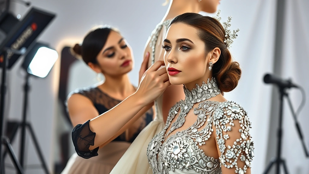 Haute couture designer fitting a elaborate gown on model, close-up of intricate beading and fabric details, professional studio lighting, makeup artist touching up model's face, creative fashion production environment