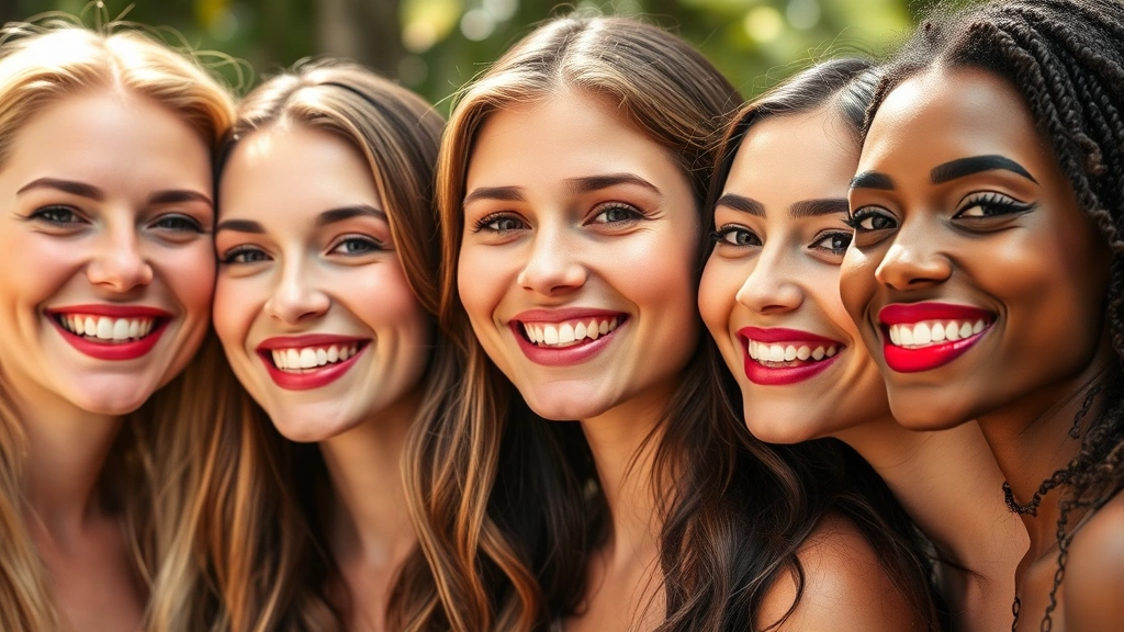 Diverse group of women displaying different lipstick shades—coral, berry, red, nude—smiling naturally, outdoor natural light