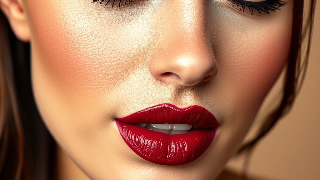 Close-up beauty shot of woman wearing bold burgundy lipstick with flawless glowing skin, dramatic winged eyeliner, false lashes, soft warm studio lighting, fresh dewy complexion against neutral background