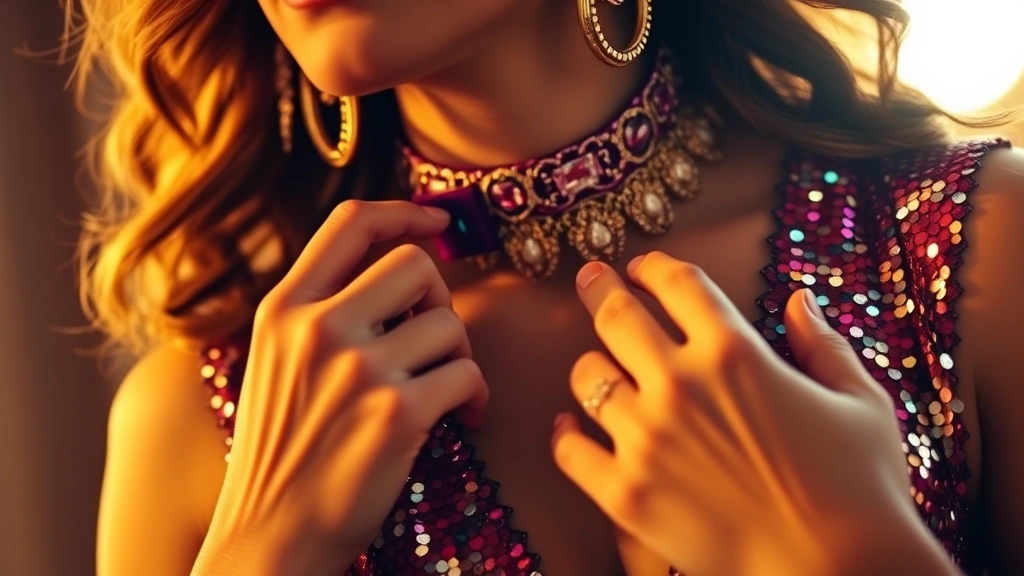 Detail shot of woman adjusting statement jewelry and accessories on sequined disco-inspired costume, showing coordinated belt and chunky gold earrings, warm golden lighting emphasizing sparkle and dimension