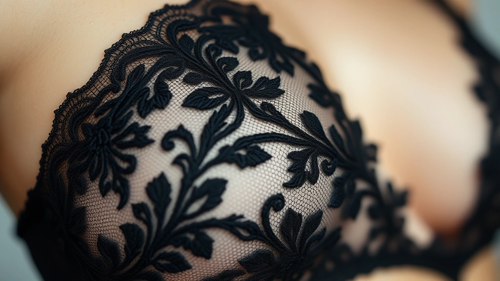 Close-up of delicate black lace lingerie with intricate pattern detail, soft fabric texture visible, professional studio lighting, high-quality intimate apparel photography
