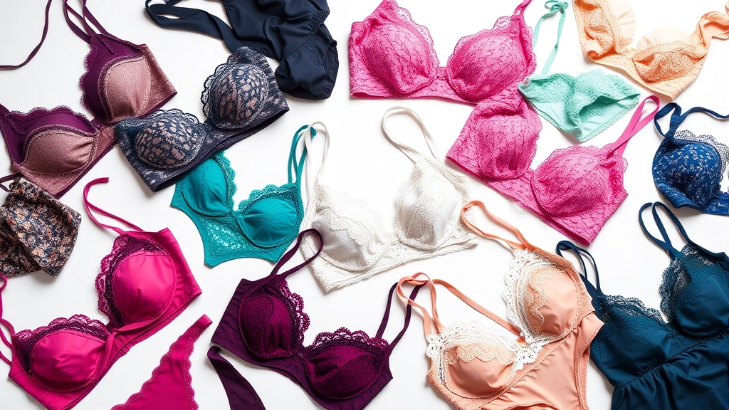 Flat lay composition of multiple colorful lingerie pieces arranged artfully on white background, various styles and fabrics displayed, professional product photography style