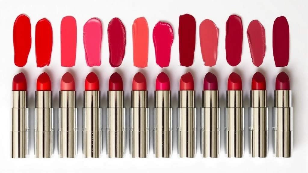 Flat lay arrangement of twelve different lipstick shades in various colors from warm reds to cool berries, arranged in gradient, professional lighting, no labels visible