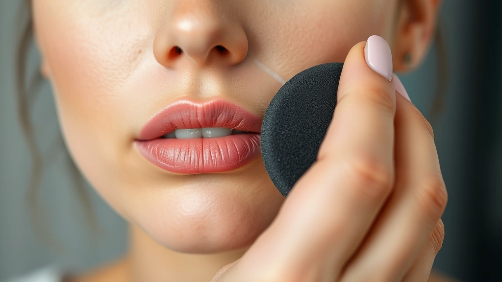Close-up of a makeup artist applying mattifying foundation to a person with oily skin using a damp beauty sponge, showing precise blending technique on the T-zone area