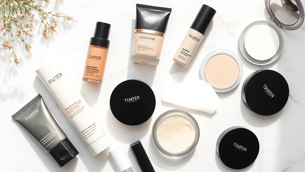 Flat lay arrangement of oil-control foundation products, mattifying primers, blotting papers, and setting powders arranged on a white marble surface with soft natural lighting