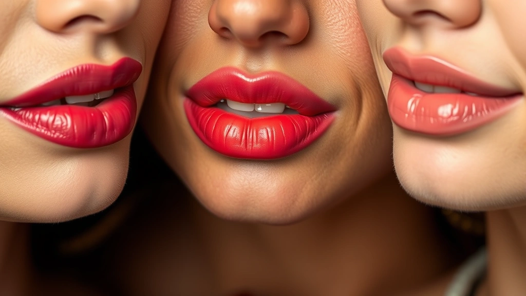 Close-up of diverse lips displaying swatches of berry, coral, and nude lipstick shades on different skin tones, professional makeup photography with natural lighting