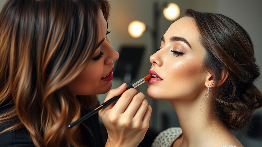 Makeup artist applying lipstick with precision using a lip brush and liner, showing proper technique on model with warm undertones, professional studio setting