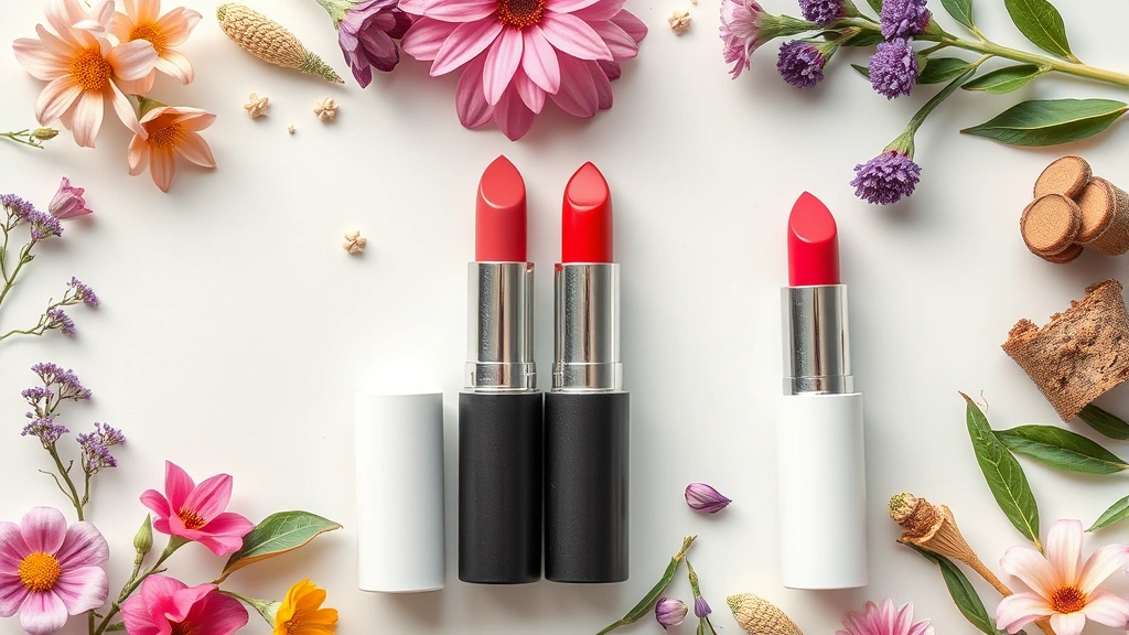 Array of sustainable lipstick tubes in refillable packaging displayed with natural ingredients like flowers and plant materials, eco-friendly beauty composition
