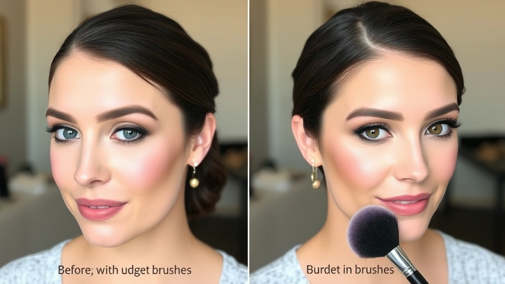 Before and after makeup application comparison showing the difference between makeup applied with budget brushes versus professional-quality brushes, highlighting smoother blending and more polished finish on the right side