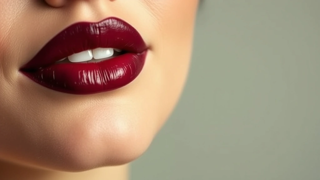 Close-up of a woman's lips wearing deep burgundy lipstick with warm autumn lighting, professional makeup application, neutral background
