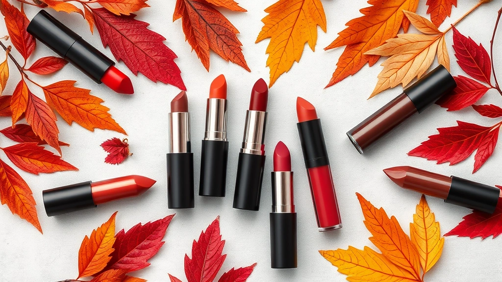 Flat lay of multiple fall lipstick shades including rust, terracotta, wine, and brown tones arranged artistically with autumn leaves and warm tones