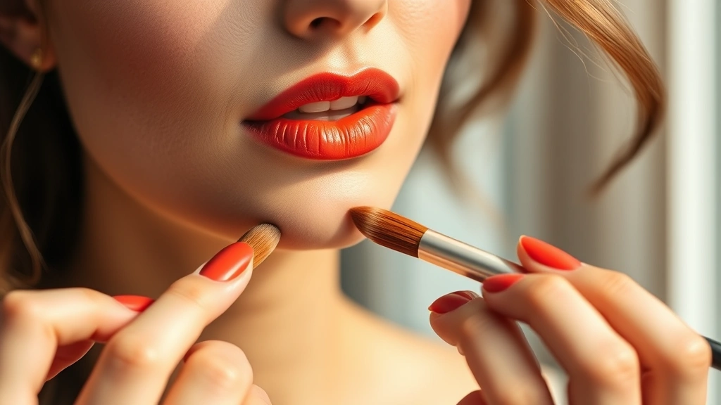Beauty shot of a woman applying warm terracotta lipstick with a lip brush, showing professional makeup application technique in natural daylight