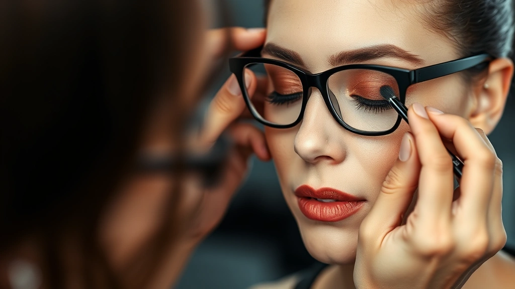 Professional makeup artist applying intensely pigmented bronze eyeshadow to a woman's eyelid wearing black-framed glasses, focusing on crease and outer corner blending technique with precise brush application