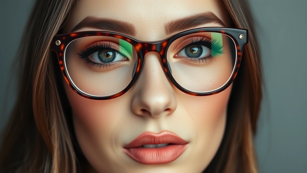 Close-up of a woman's face wearing tortoiseshell glasses with perfectly applied makeup featuring warm-toned copper eyeshadow, defined brows, volumized mascara, and peachy blush on cheekbones