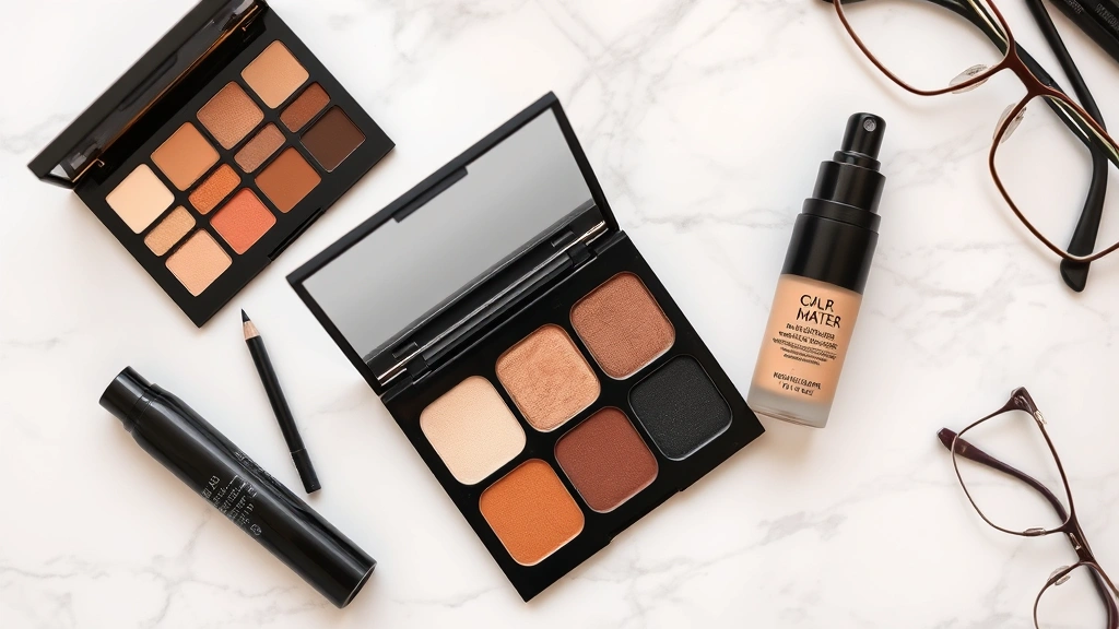 Overhead view of makeup products arranged artfully including waterproof mascara, eyeshadow palette with warm and cool tones, brow pencil, foundation bottle, and setting spray on marble surface with glasses nearby