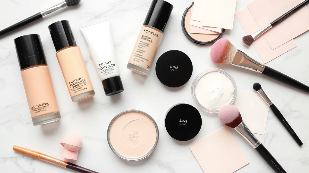 Flat lay arrangement of oil-control foundations, primers, setting powders, and blotting papers on white marble surface with makeup brushes and beauty sponges artfully arranged