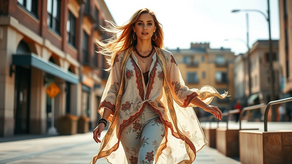 Woman confidently walking in an urban setting wearing a bohemian-inspired outfit with flowing fabrics, layered jewelry, and eclectic patterns, natural sunlight, free-spirited movement captured