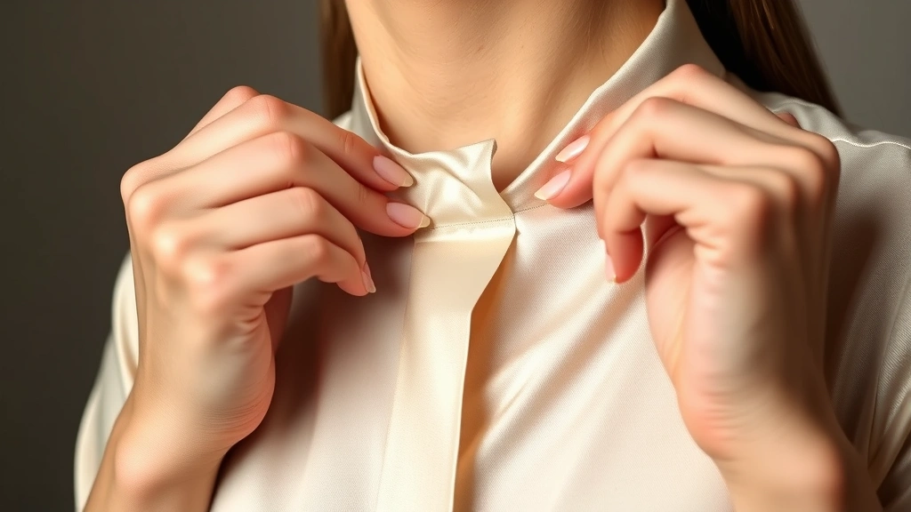 Close-up of hands applying clear fashion tape to a cream-colored silk blouse neckline, showing proper technique with smooth application and no air bubbles, professional beauty lighting