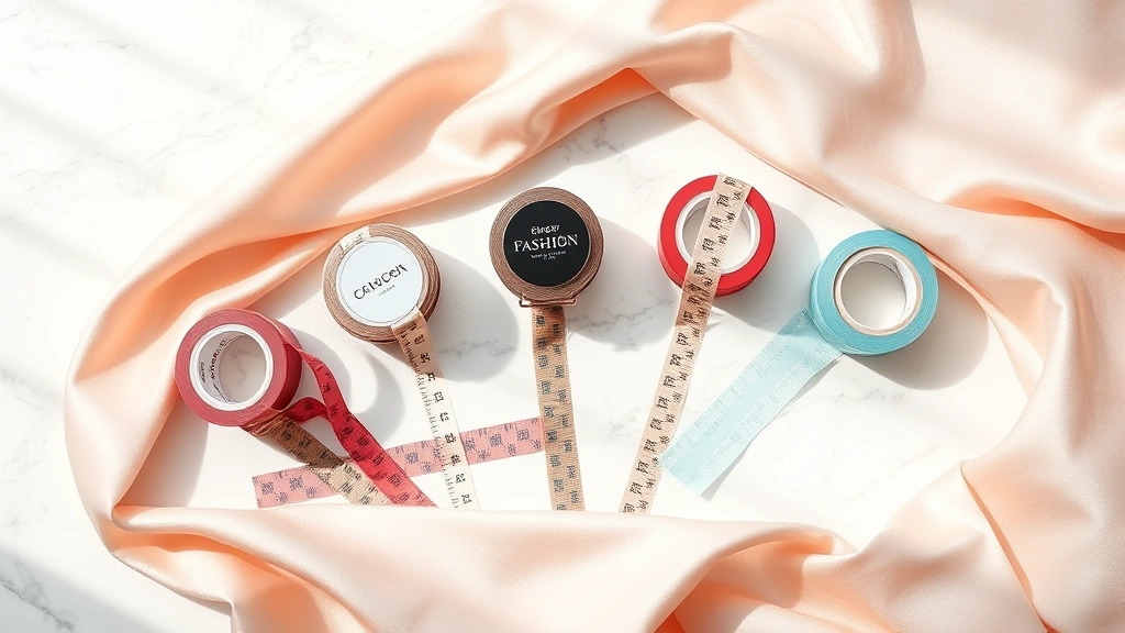 Flat lay arrangement of five different fashion tape brands and rolls displayed on a white marble surface with a soft blush pink satin fabric draped beside them, natural window lighting
