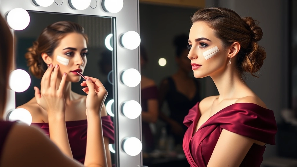 Makeup artist's hands demonstrating fashion tape application on a model wearing an elegant off-shoulder burgundy dress at a vanity mirror with professional lighting, showing before-and-after results