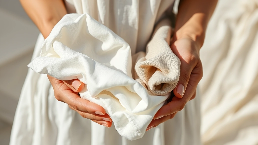 Close-up of hands holding sustainable white linen clothing and recycled fabric samples, displaying various neutral-toned materials in natural daylight