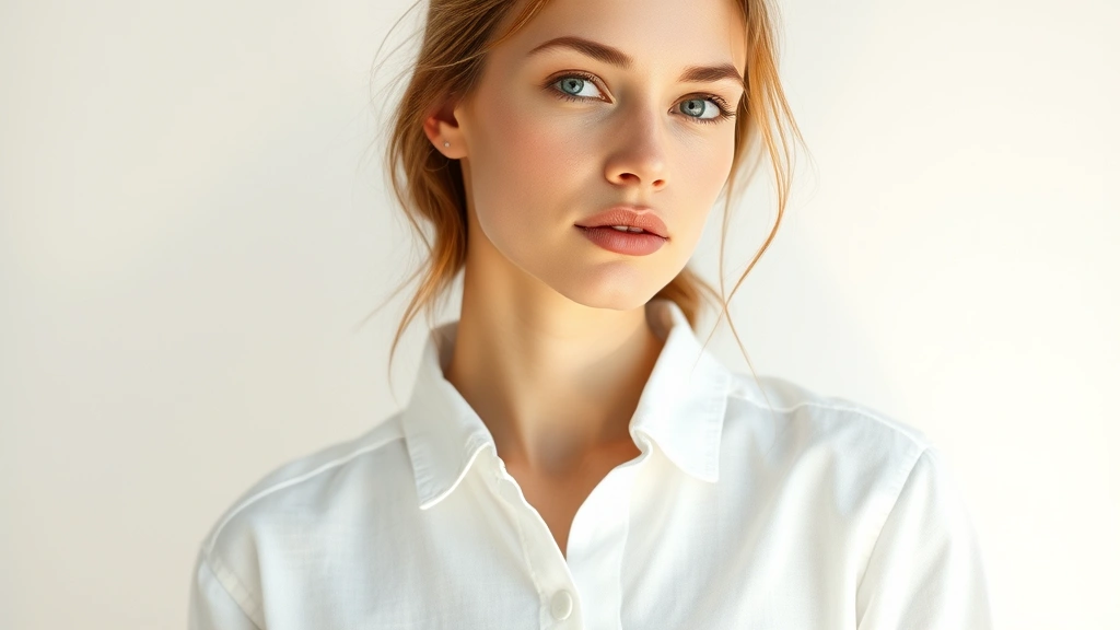 Model wearing clean, minimalist white linen outfit with fresh glowing skin and barely-there makeup, embodying Fashion White aesthetic with soft natural lighting
