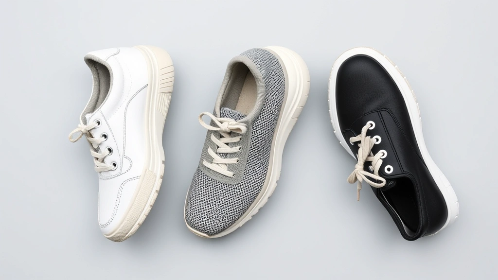 Flat lay of three stylish women's walking shoes in neutral tones—white leather, gray mesh, and black canvas—arranged artfully with no text visible