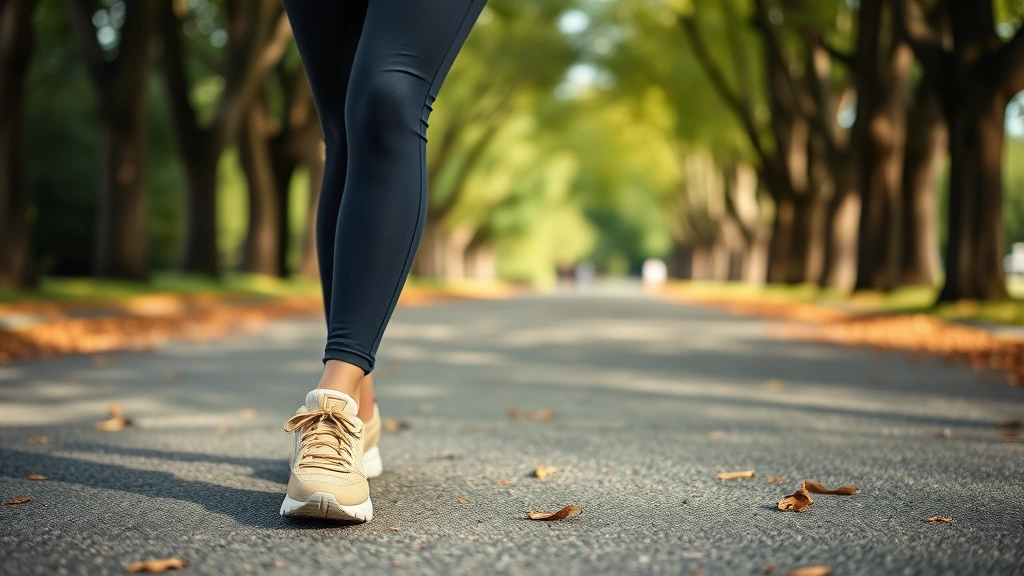 Woman wearing fashionable beige walking shoes with fitted activewear, walking confidently on a tree-lined path, professional lifestyle shot