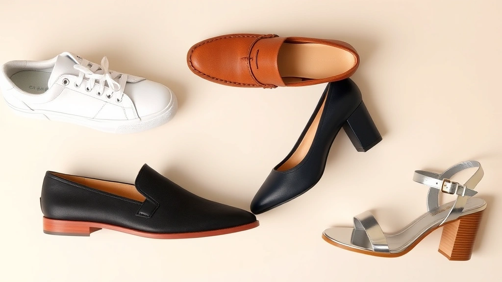Flat lay display of four different wide-width shoes in trendy colors: white sneaker, brown loafer, navy heel, and metallic sandal arranged on light background