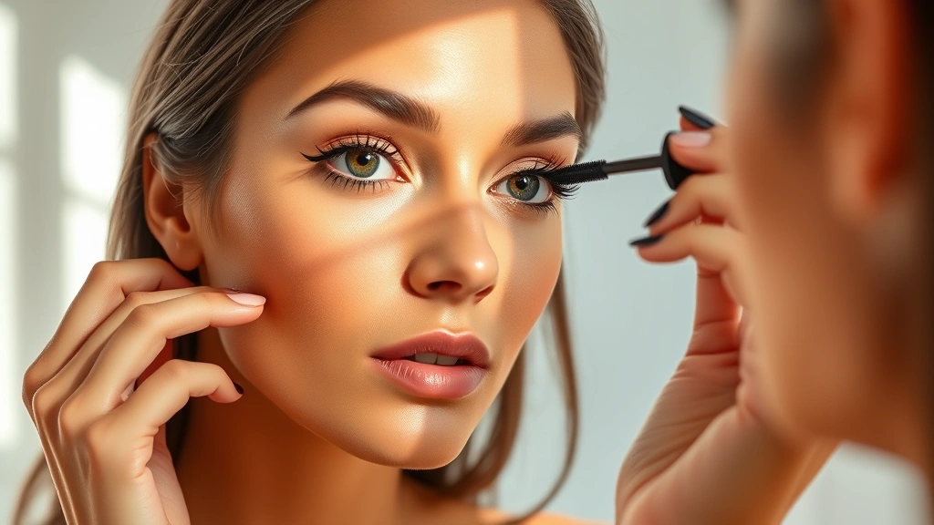 Woman with warm olive skin tone looking in mirror applying mascara to upper lashes, holding mascara wand at lash line, natural daylight streaming in, fresh face with light foundation and defined brows, serene expression, beauty tutorial style photography