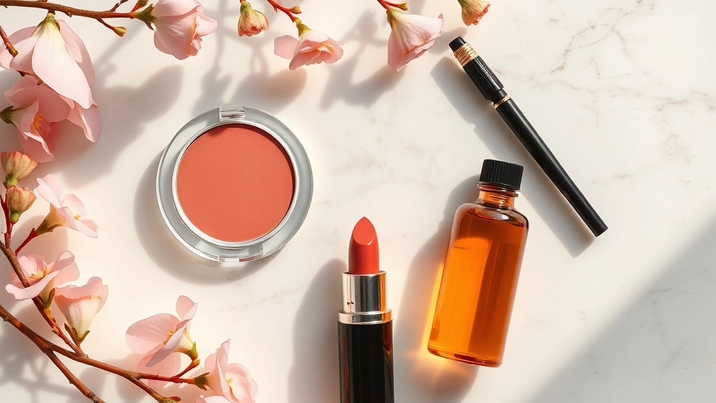 Overhead flat lay of luxury makeup products arranged artfully including cream blush, lipstick in warm tones, mascara, and glass dropper bottle of facial oil on marble surface, soft natural lighting, Mediterranean aesthetic, high-end beauty composition
