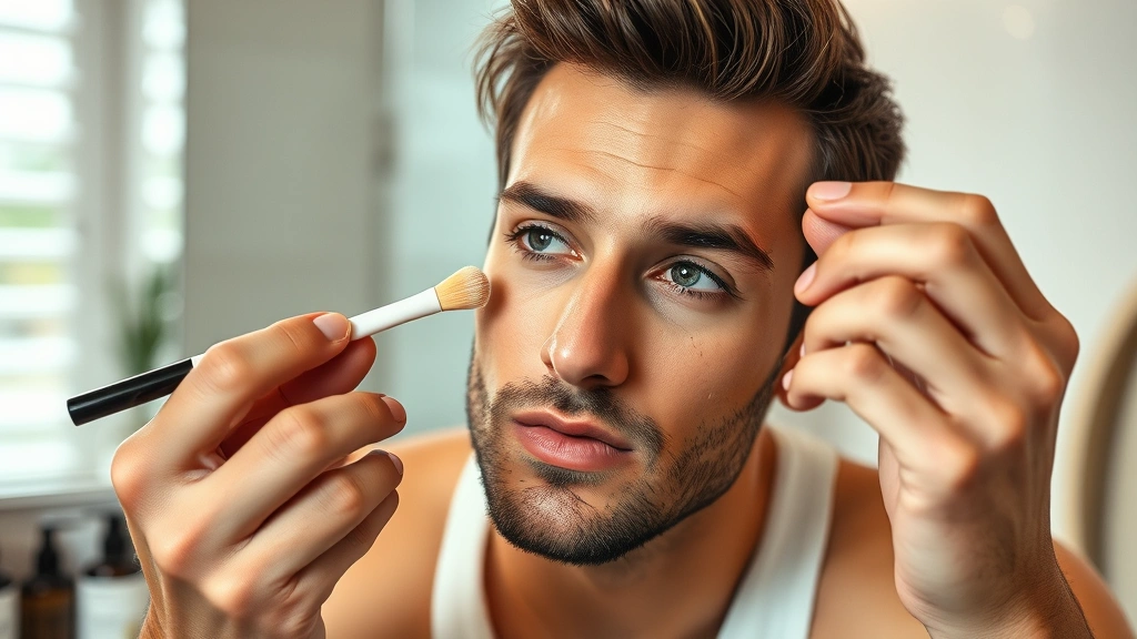 Fashionable man using concealer brush under eyes and on blemishes, demonstrating precise makeup application, morning bathroom vanity scene with skincare products