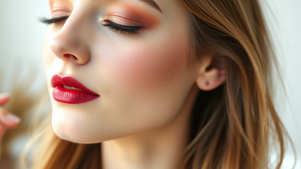 Close-up of a pale-skinned woman with cool undertones wearing a rose-gold eyeshadow palette, cool-toned pink blush, and a berry-red lipstick, natural lighting showing the makeup details