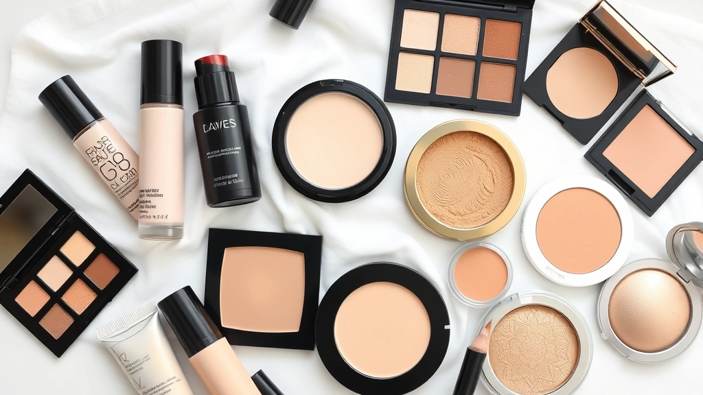 Flat lay of makeup products arranged on a soft white surface showing foundation bottles in fair shades, cool-toned and warm-toned contour palettes, and various highlighter compacts for pale skin