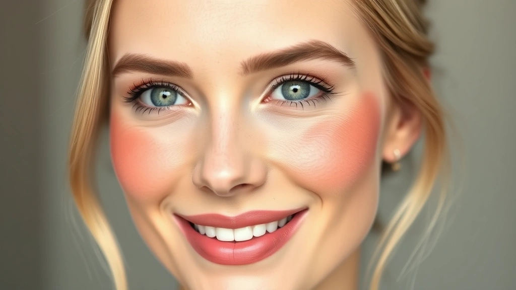 Portrait of a fair-complexioned woman demonstrating proper blush placement on cheekbones, wearing peachy-coral blush and a luminous champagne highlighter, smiling naturally with professional makeup