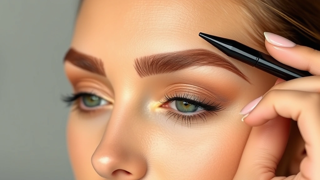 Professional makeup application of bold, well-defined eyebrows on a woman's face, showing natural brow texture enhanced with makeup, warm lighting highlighting brow shape and definition, natural beauty aesthetic without heavy products visible