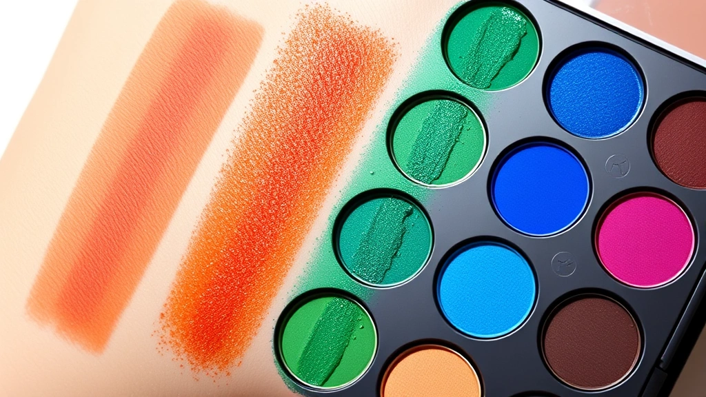 Vibrant eyeshadow palette swatches showing warm terracotta, burnt orange, emerald green, and sapphire blue colors, professional product photography with natural lighting reflecting makeup pigmentation and color depth, organized palette display