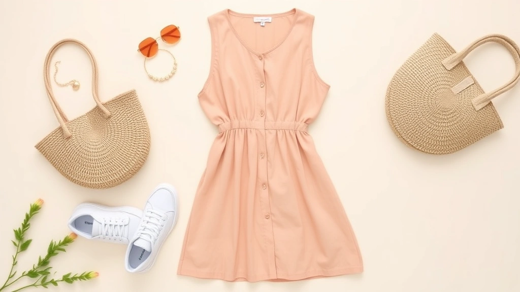 Flat lay styling composition featuring peachy linen dress, white sneakers, straw tote bag, gold jewelry, and peachy sunglasses arranged on cream background, summer aesthetic